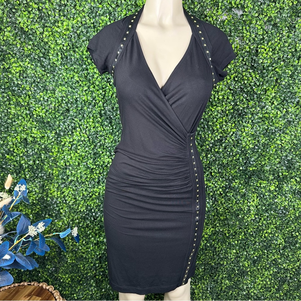 Nwt black studded Carmen Marc Valvo Black Stud-Trim Wrap Midi Dress